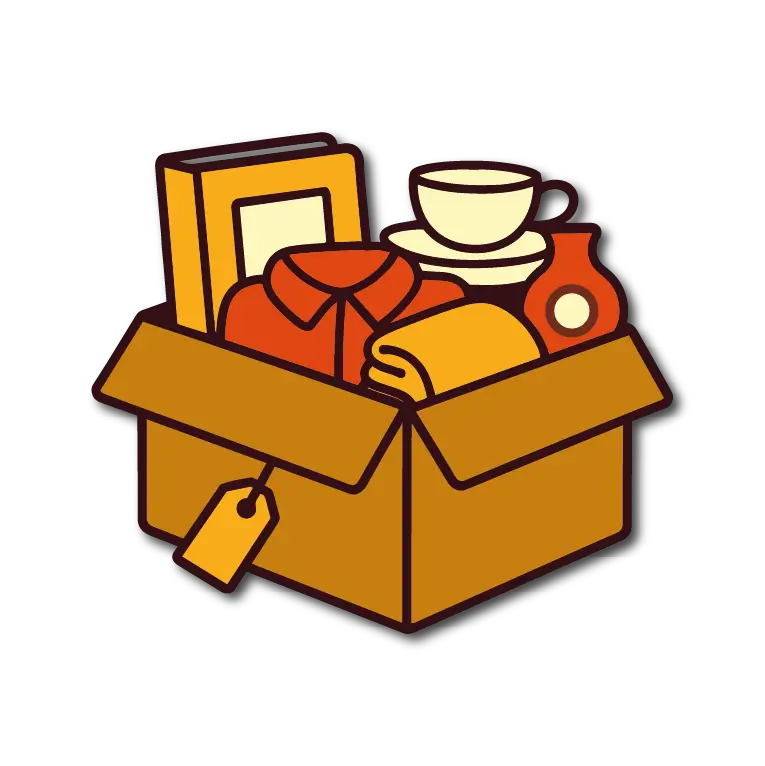 Dépôt d’objets de seconde main simple et rapide – L’Aubaine Illustration rétro d’un carton d’objets de seconde main déposés au vide-grenier permanent L’Aubaine à Villeneuve-sur-Lot