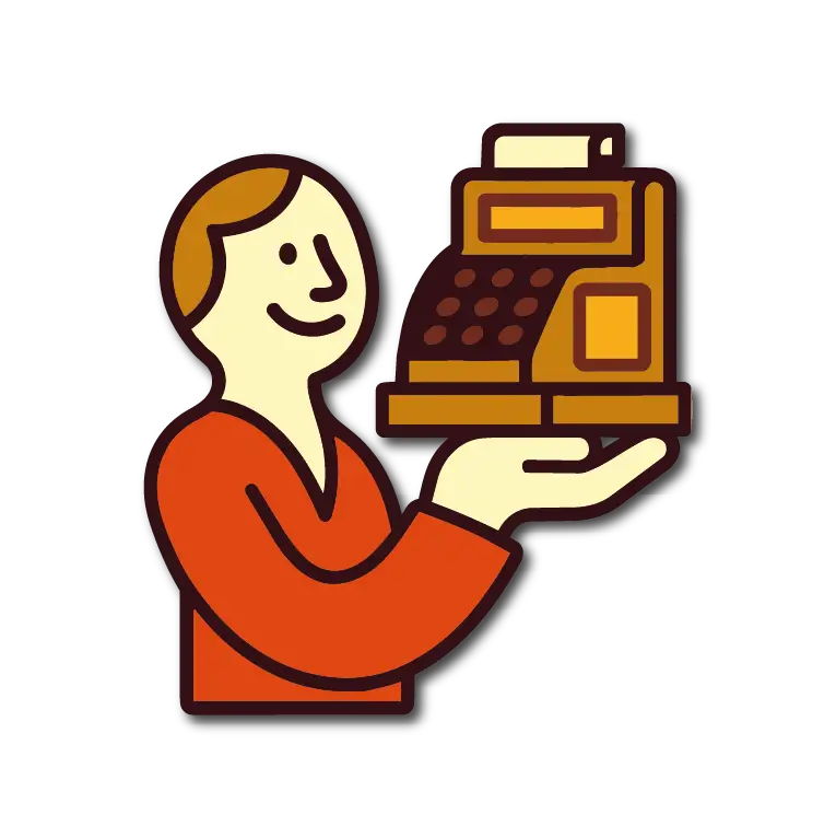 Gestion des ventes et encaissement pris en charge – L’Aubaine Villeneuve-sur-Lot Illustration rétro représentant la gestion des ventes et de l’encaissement par l’équipe du vide-grenier permanent L’Aubaine