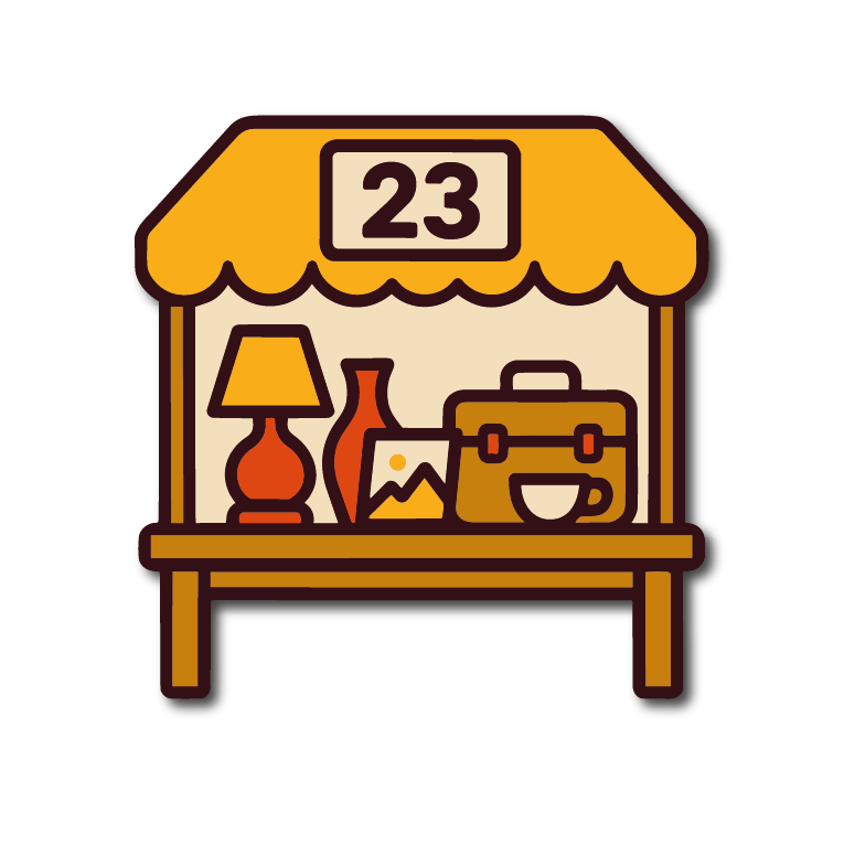 Location de stand vendeur à Villeneuve-sur-Lot – L’Aubaine Illustration rétro d’un stand vendeur au sein du vide-grenier permanent L’Aubaine à Villeneuve-sur-Lot