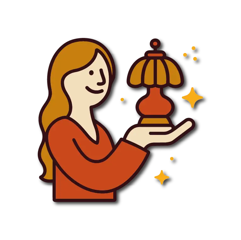Trouvailles uniques et plaisir de chiner – L’Aubaine Villeneuve-sur-Lot Illustration rétro représentant une acheteuse découvrant un objet vintage dans le vide-grenier permanent L’Aubaine