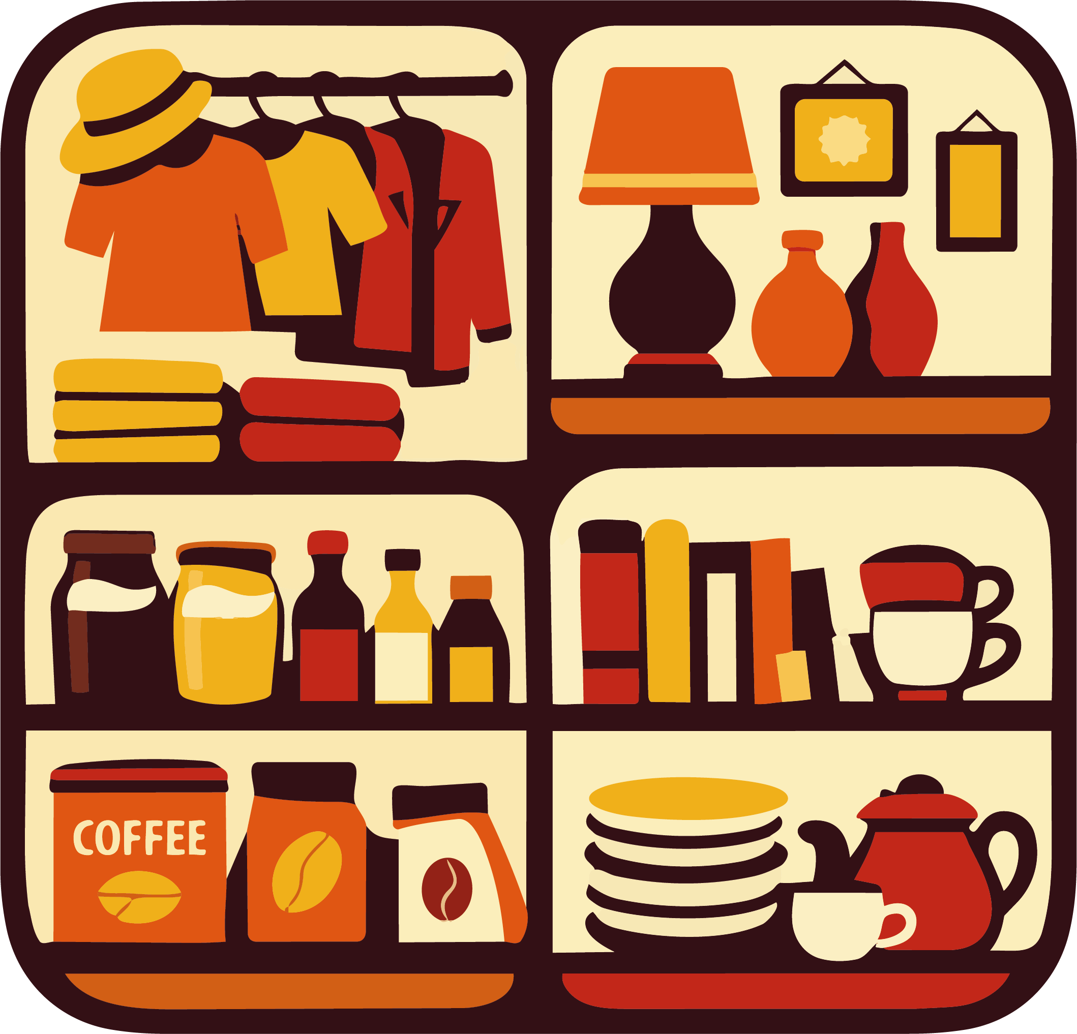 Louer un stand au vide-grenier permanent L’Aubaine Illustration rétro représentant un espace de vente organisé, sécurisé et convivial au vide-grenier permanent L’Aubaine