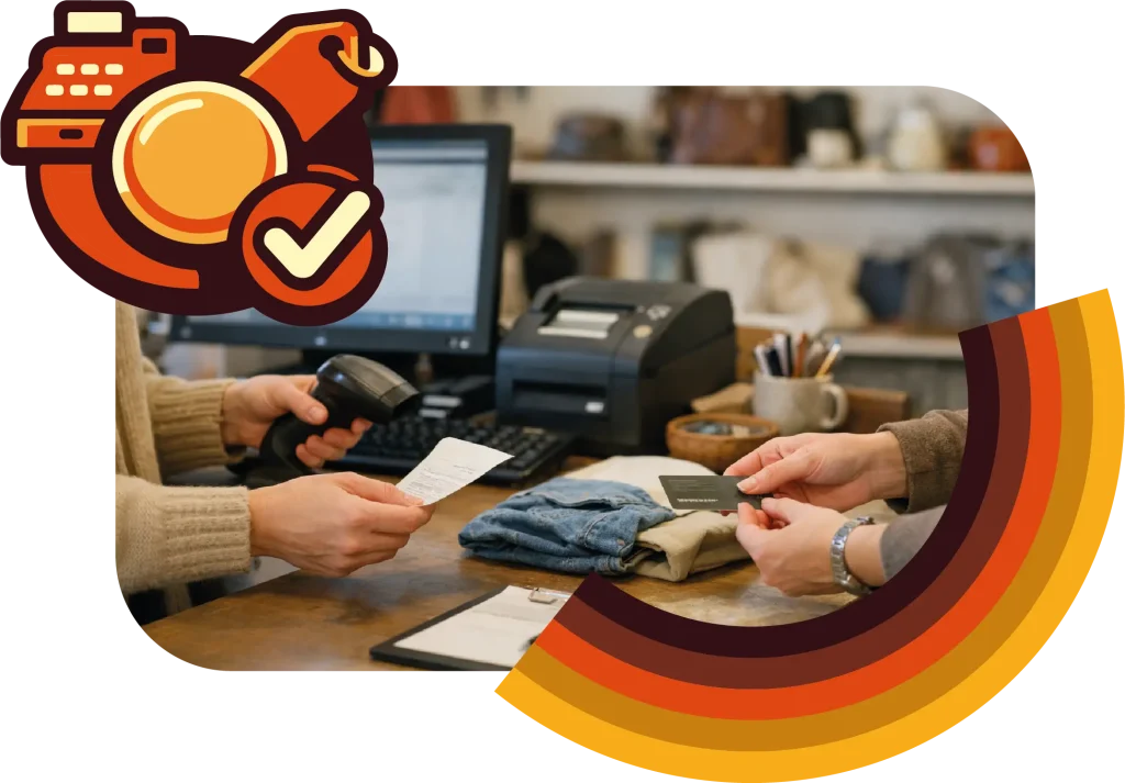 Commission sur les ventes au vide-grenier permanent L’Aubaine à Villeneuve-sur-Lot Encaissement des ventes au vide-grenier permanent L’Aubaine à Villeneuve-sur-Lot, illustrant la commission de 30 % appliquée sur les objets de seconde main vendus en magasin.