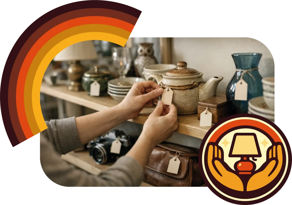 Informations et Tarifs 2 Étiquetage et mise en rayon des objets de seconde main au vide-grenier permanent L’Aubaine à Villeneuve-sur-Lot, illustrant le service clé en main inclus dans la location de stand.
